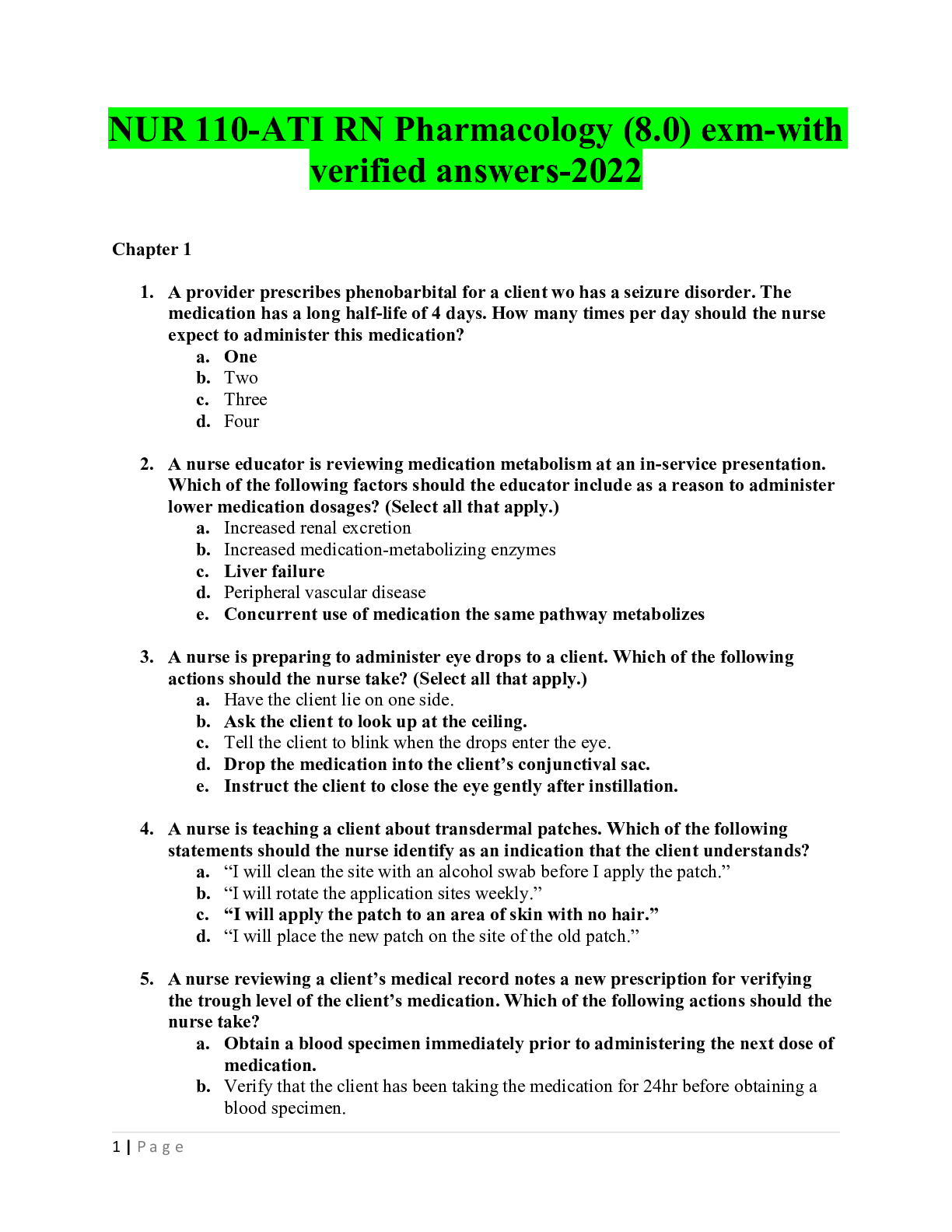 Preview of NUR 110-ATI RN Pharmacology (8.0) exam-with verified answers-2022